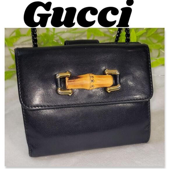 Gucci Handbags - Authentic Gucci Black Lambskin Leather & Bamboo Compact Wallet